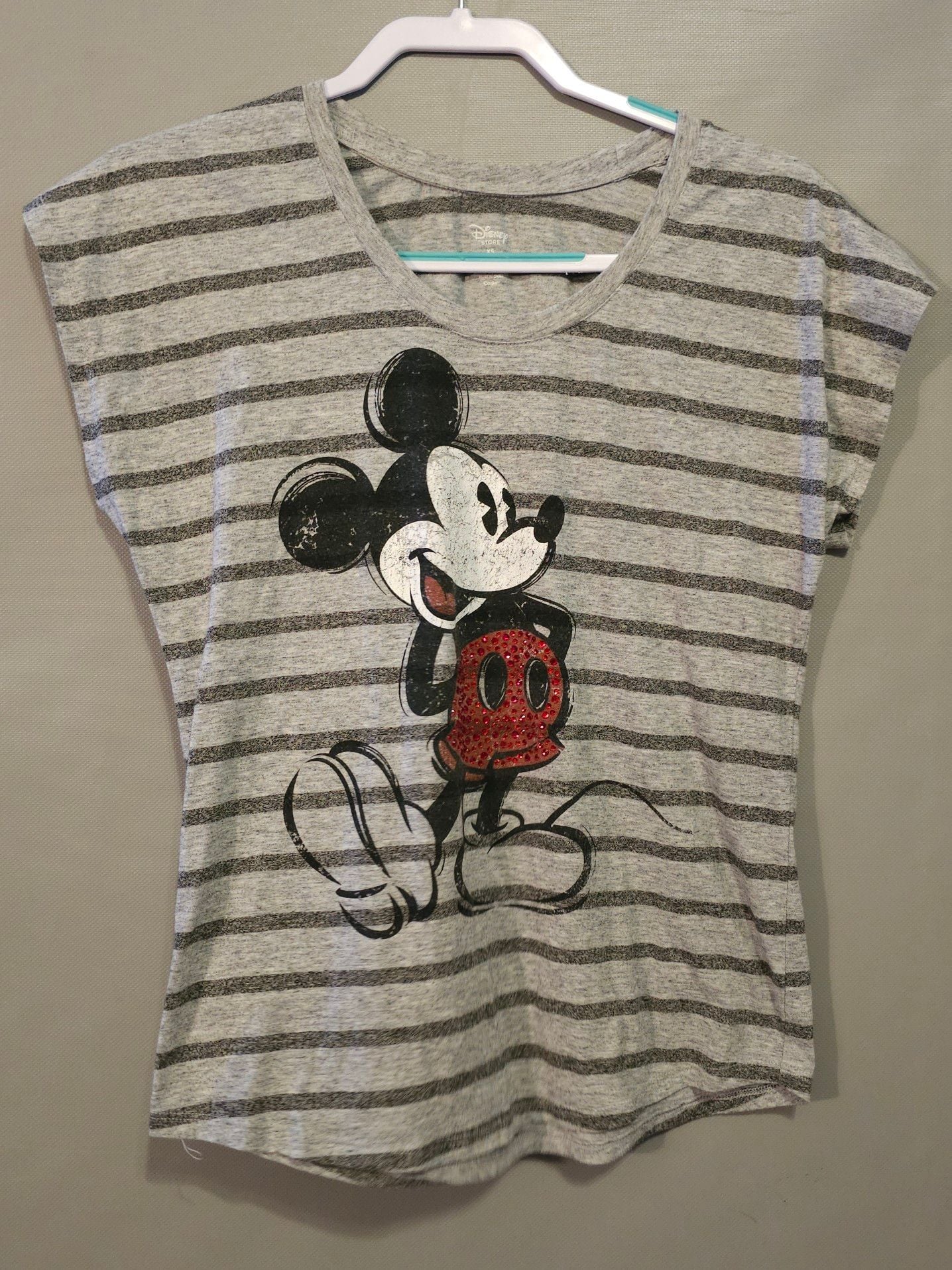 Disney Store Mickey Mouse Gray Striped Rhinestone Graphic Scoop Neck T-Shirt XS 1