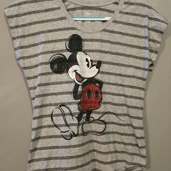 Disney Store Mickey Mouse Gray Striped Rhinestone Graphic Scoop Neck T-Shirt XS