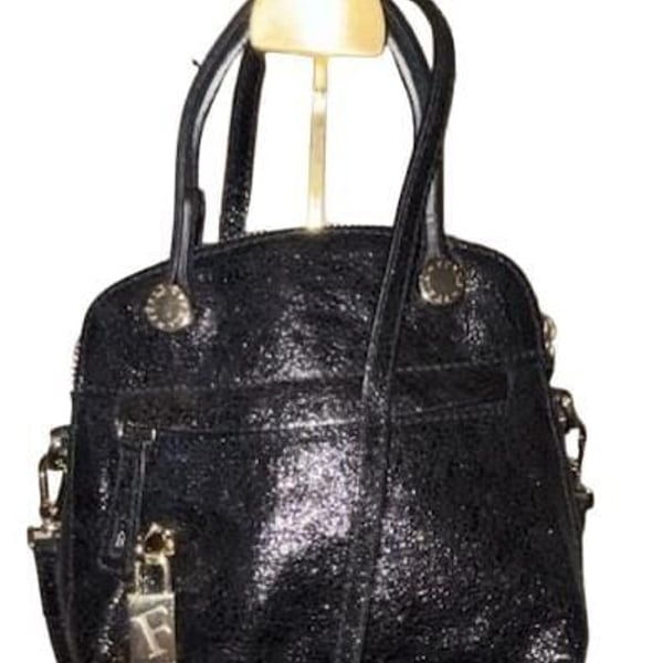 Furla Black Metallic Genuine Leather Mini Dome Satchel Crossbody Bag