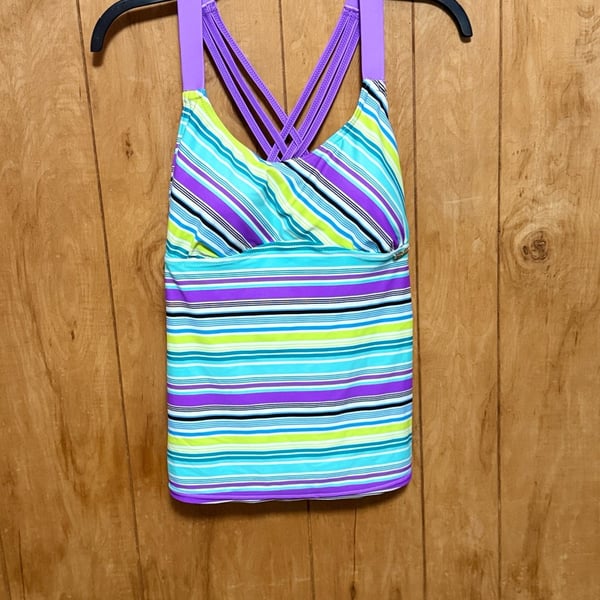 ZeroXposur Striped Criss-Cross Strappy Back Tankini Swim Top