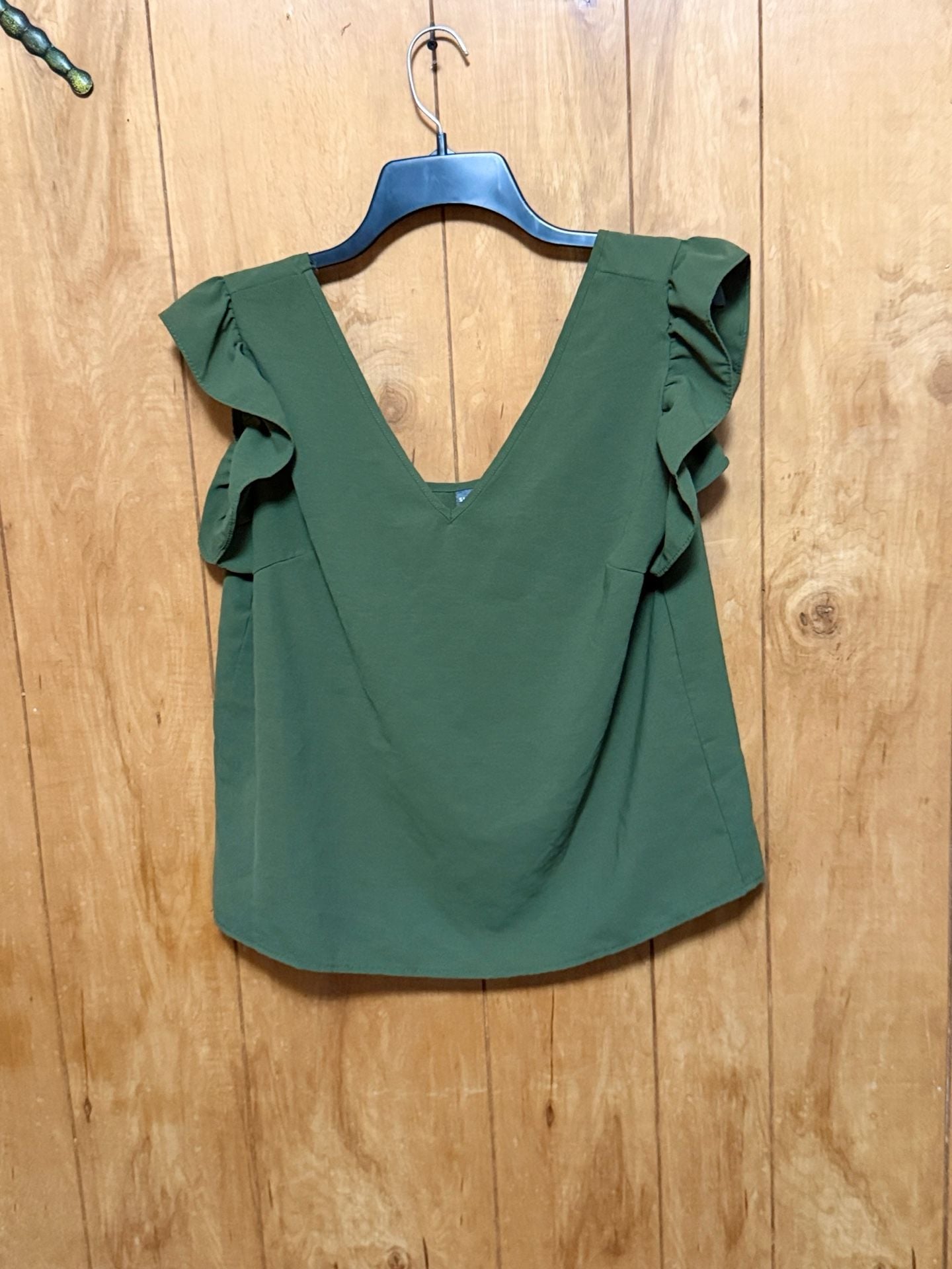 SHEIN Olive Green V-Neck Ruffle Sleeve Blouse Size L 2