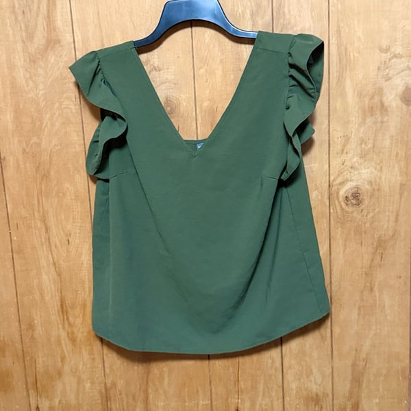 SHEIN Olive Green V-Neck Ruffle Sleeve Blouse Size L