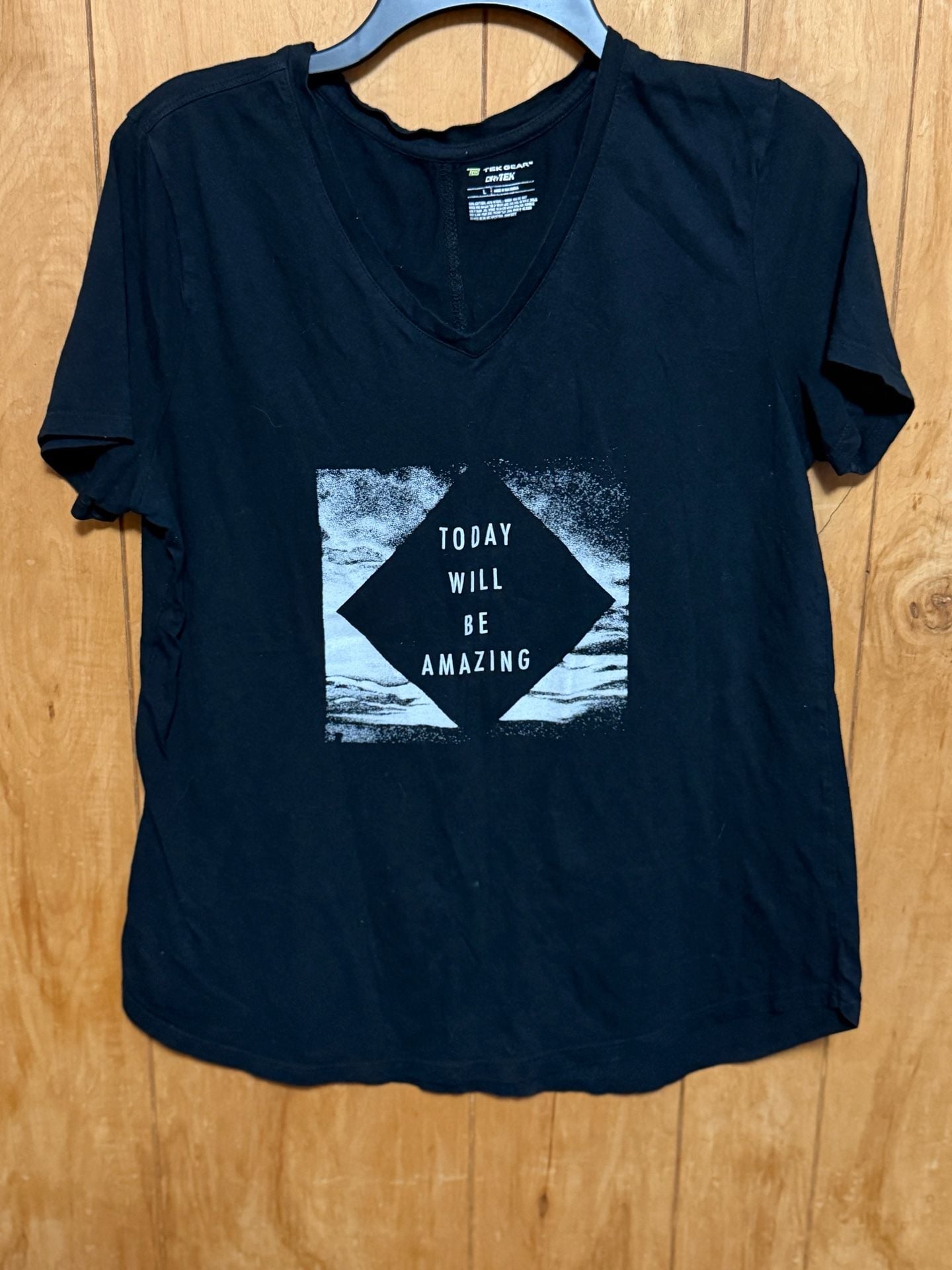 Tek Gear Drytek Black V-Neck Graphic Tee "Today Will Be Amazing" Size L 2