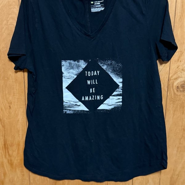 Tek Gear Drytek Black V-Neck Graphic Tee "Today Will Be Amazing" Size L