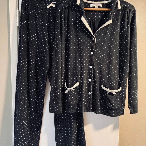 Company Ellentracy Black Polka Dot Pajama Set with White Trim and Bow Pockets, Size S