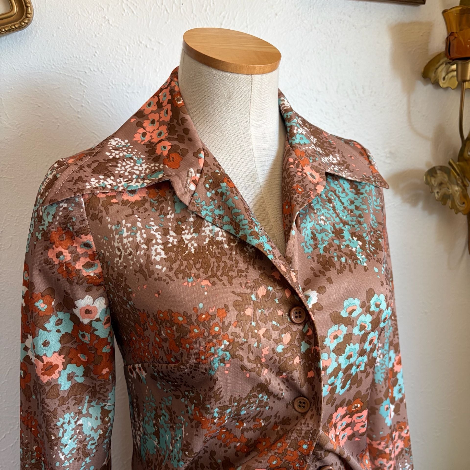 Vintage 1970s Floral Dagger Collar Button Down and Pants Set S 2