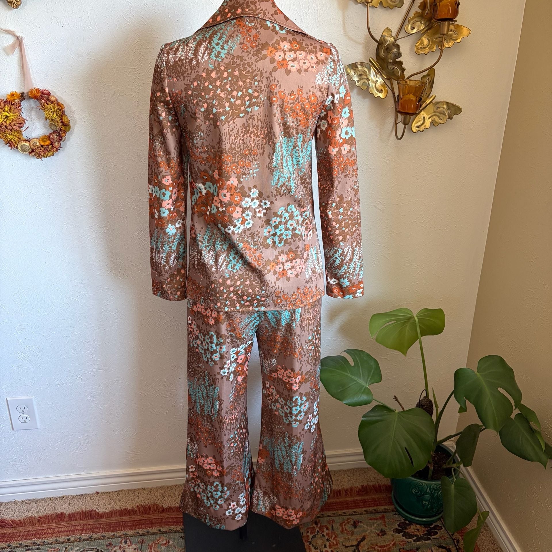 Vintage 1970s Floral Dagger Collar Button Down and Pants Set S 4