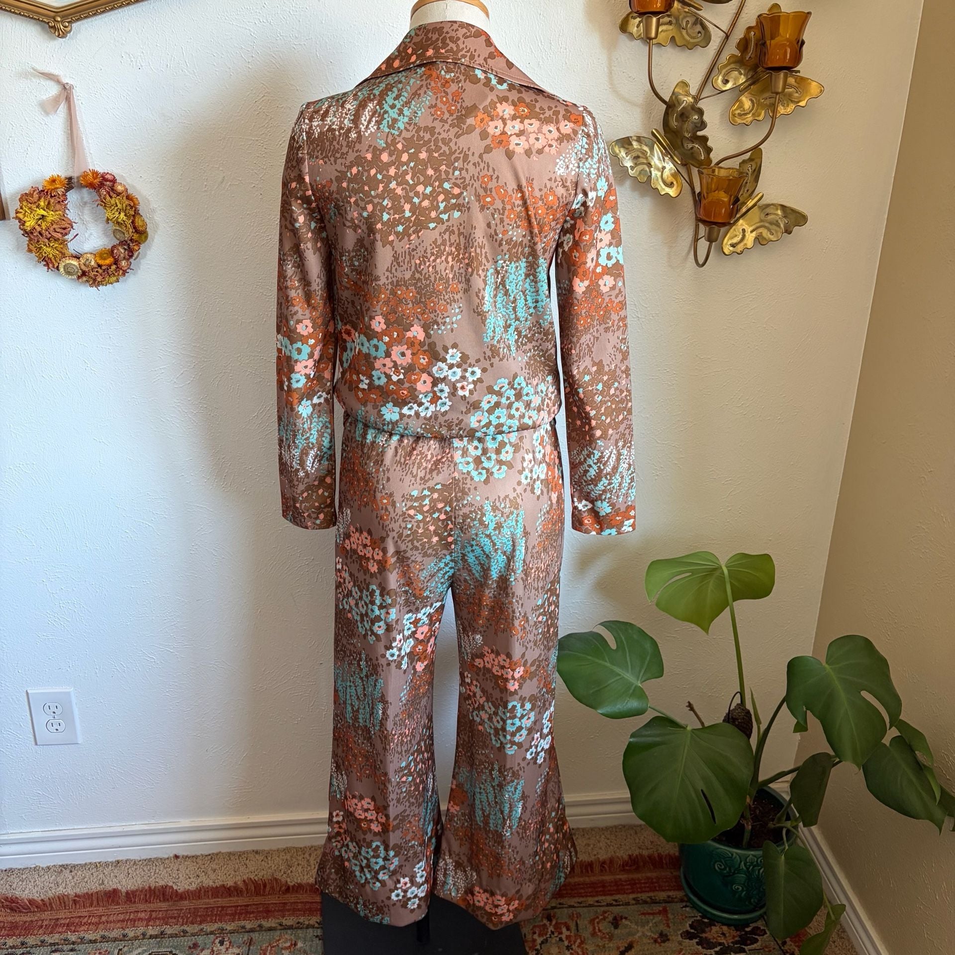 Vintage 1970s Floral Dagger Collar Button Down and Pants Set S 5