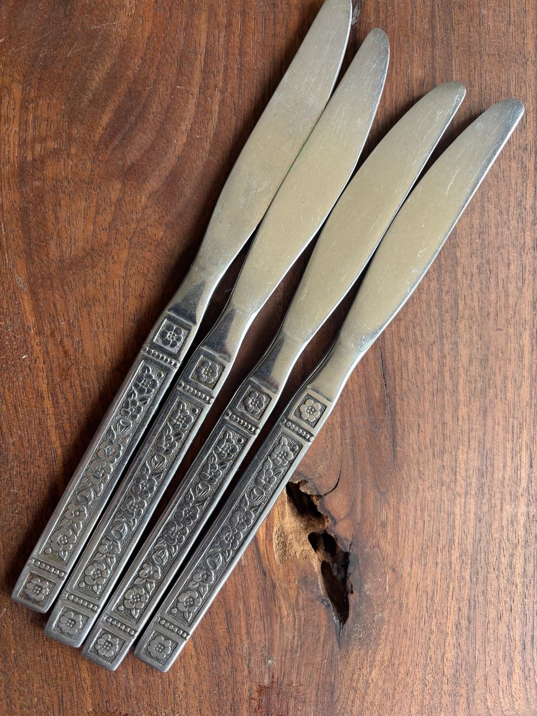 Vintage National Stainless Korea Butter Knives Rose Pattern Set of 4 1