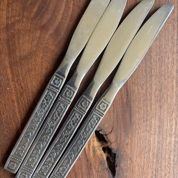 Vintage National Stainless Korea Butter Knives Rose Pattern Set of 4
