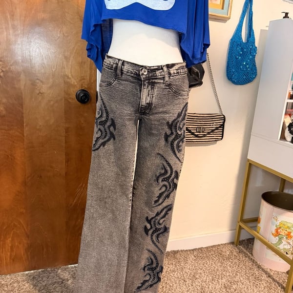 FITELLE Vintage Y2K Beaded Tribal Flame Low Rise Jeans