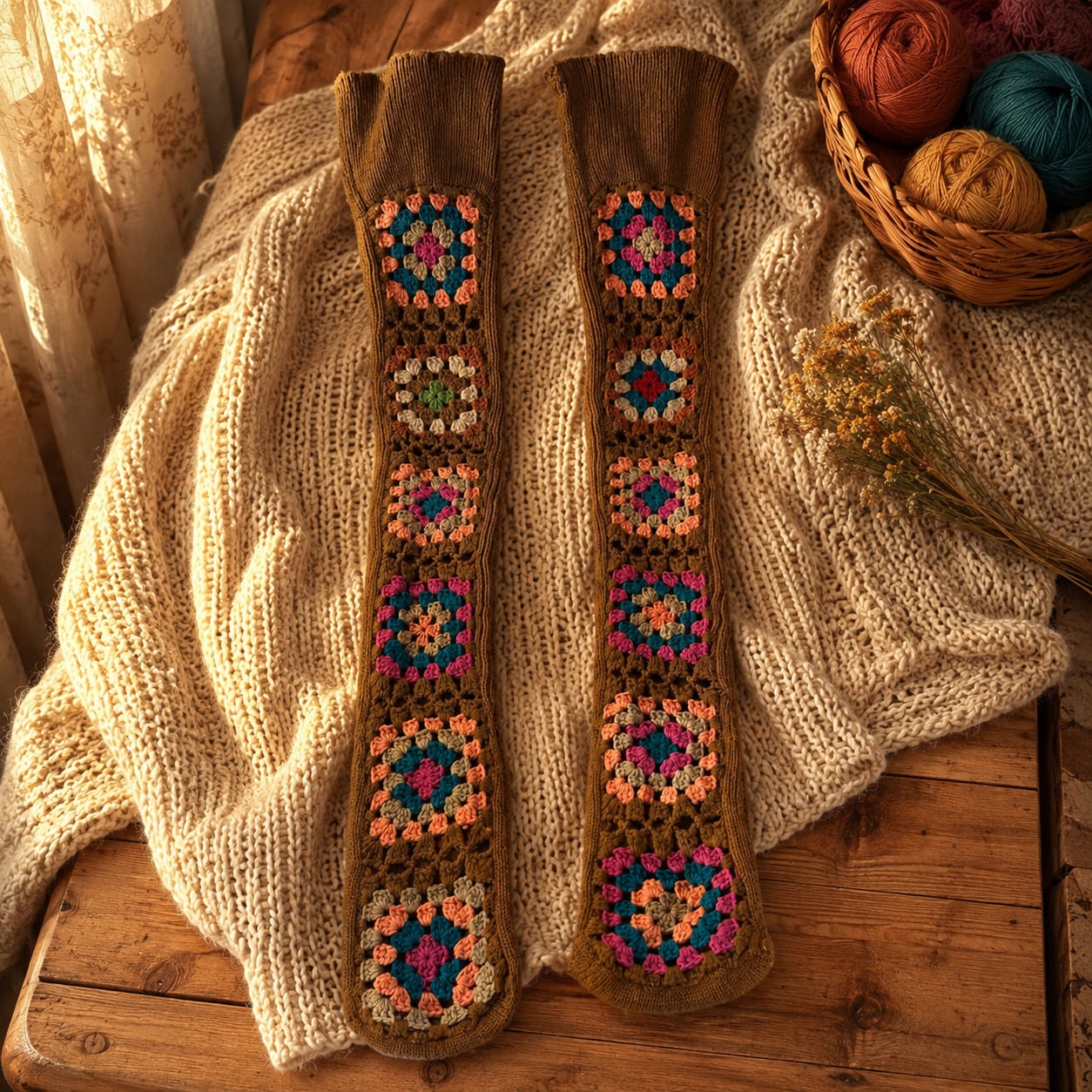 Granny Square Knit Socks Thigh-High Length Cozy Retro Style 3