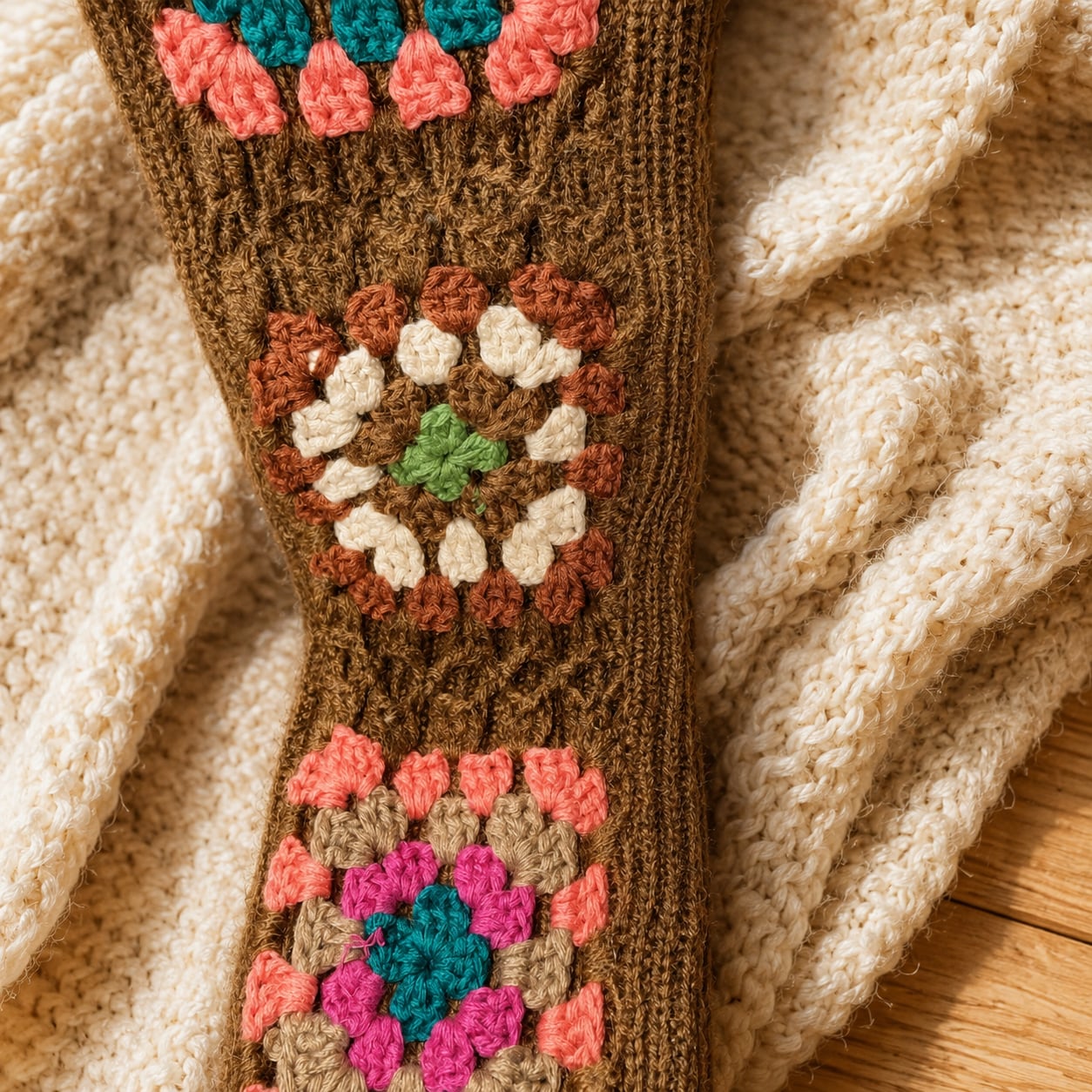 Granny Square Knit Socks Thigh-High Length Cozy Retro Style 5