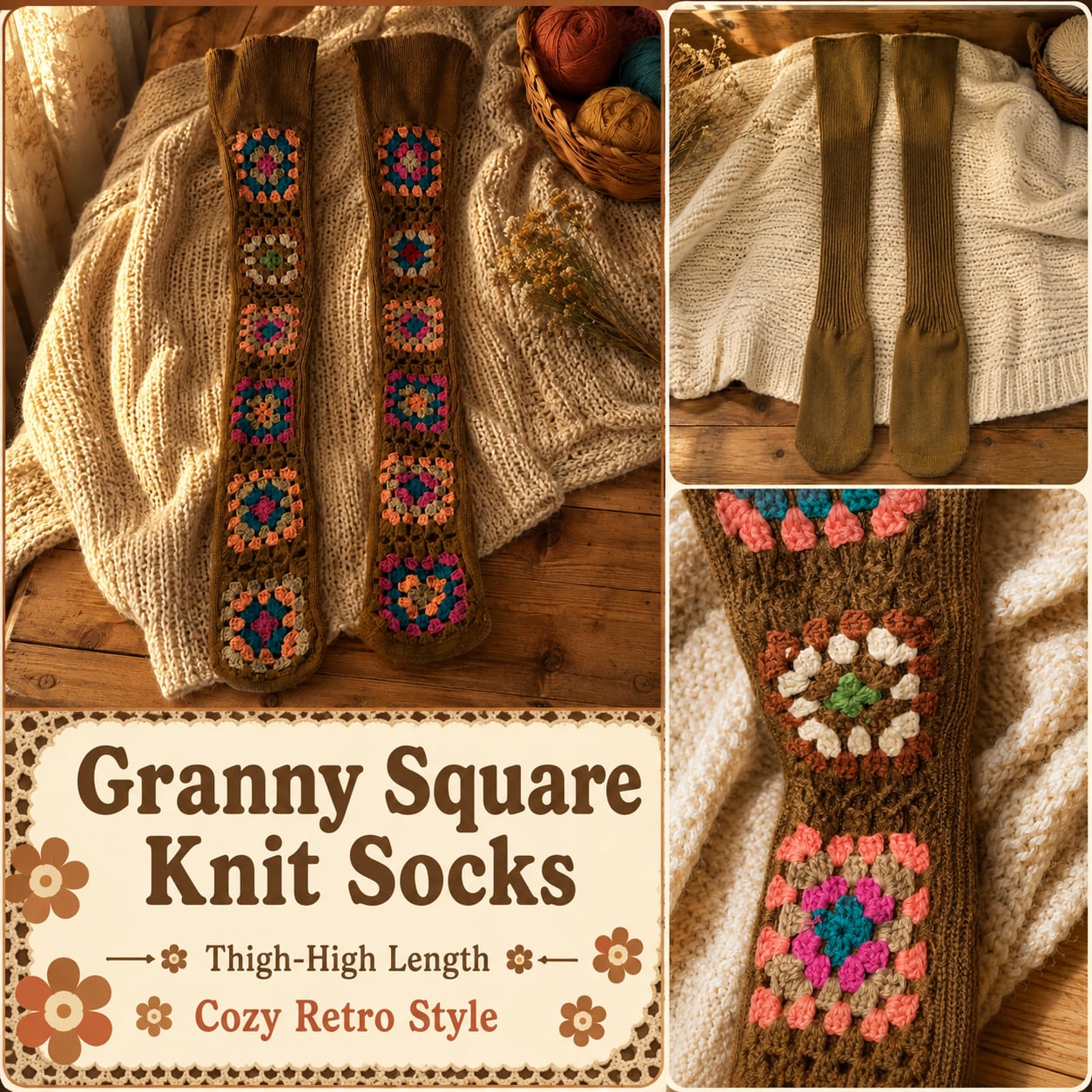 Granny Square Knit Socks Thigh-High Length Cozy Retro Style 2