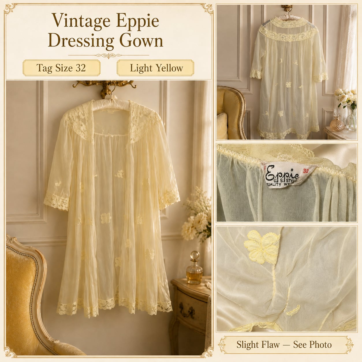 Vintage Eppie Dressing Gown Light Yellow Sheer Chiffon Lace Size 32 2