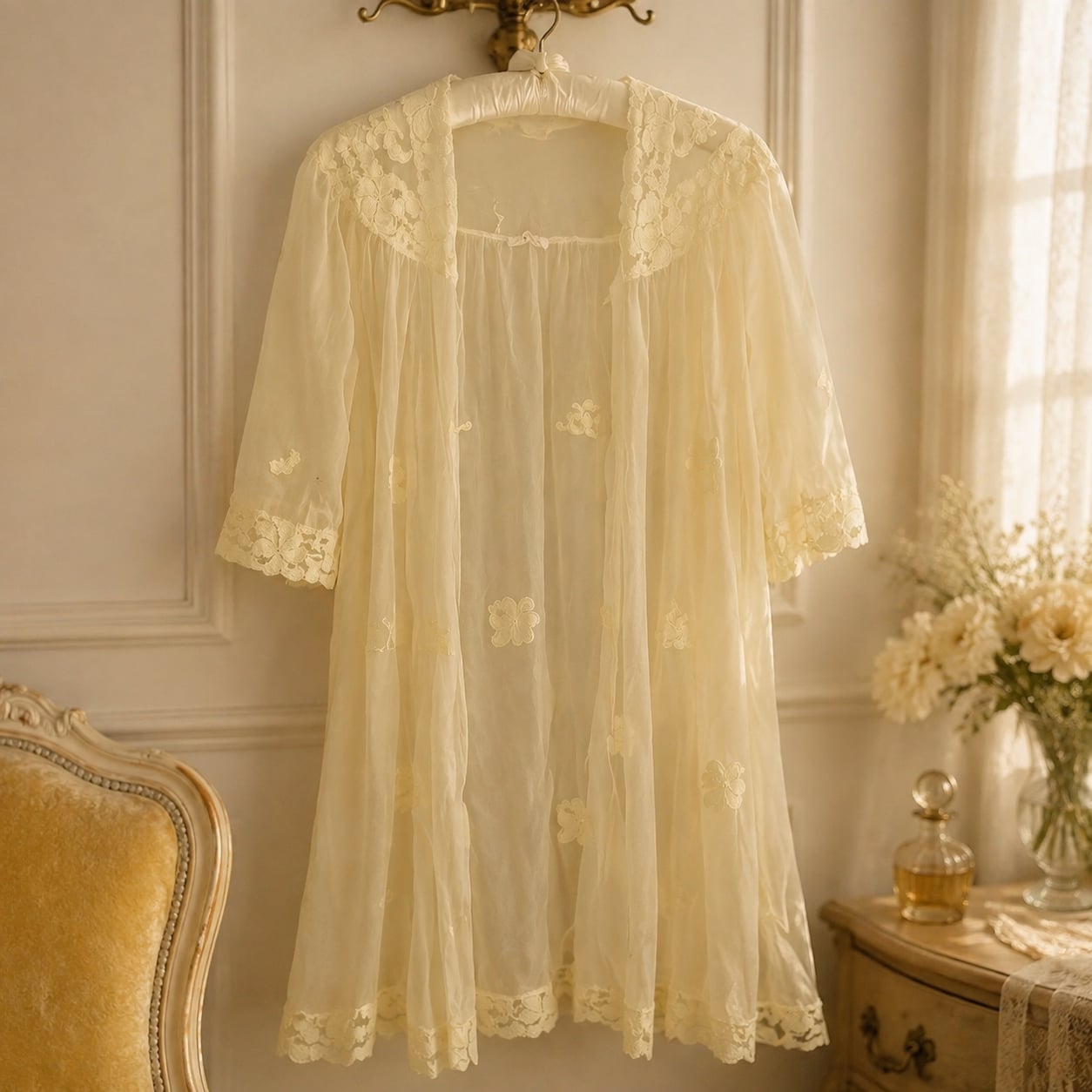Vintage Eppie Dressing Gown Light Yellow Sheer Chiffon Lace Size 32 3