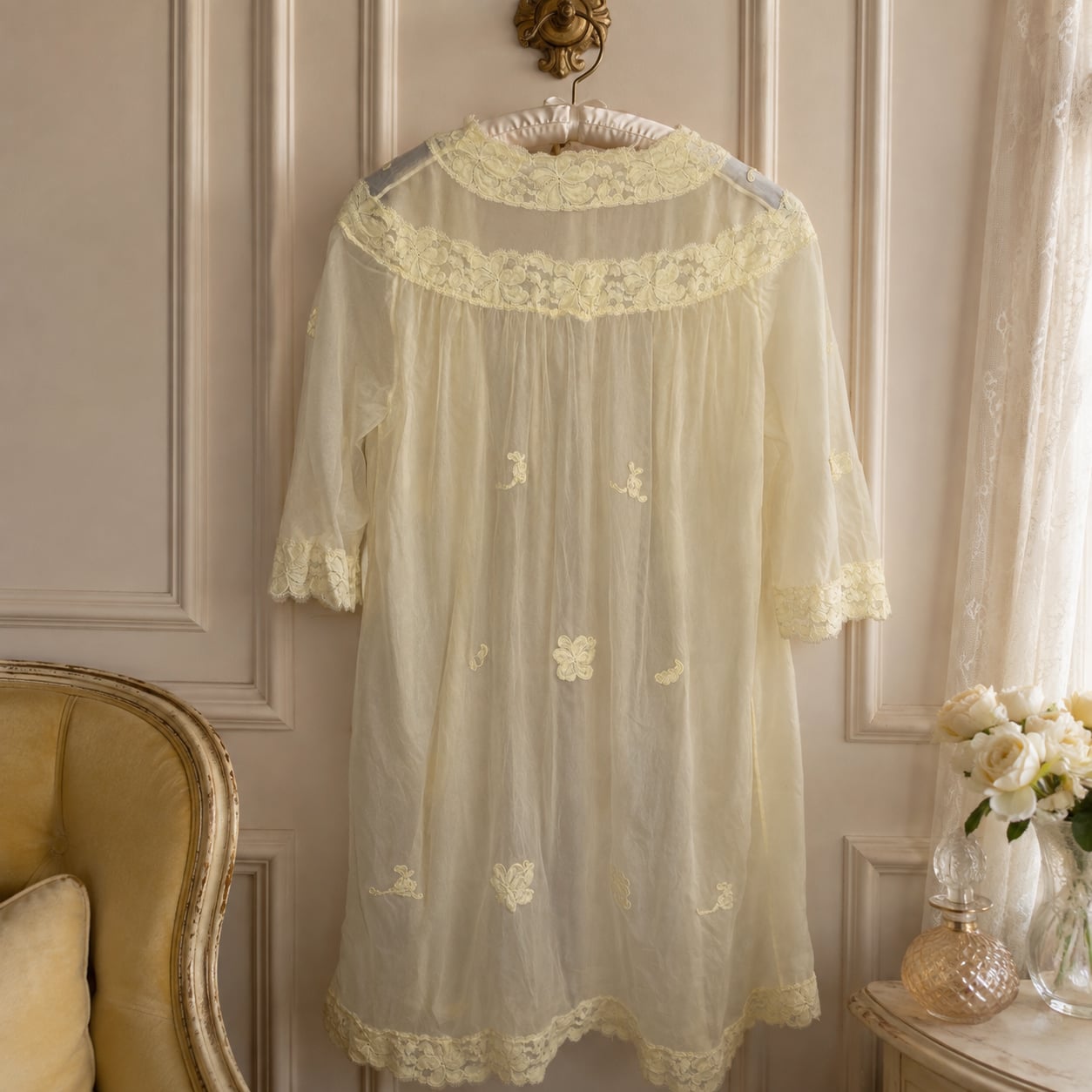 Vintage Eppie Dressing Gown Light Yellow Sheer Chiffon Lace Size 32 4