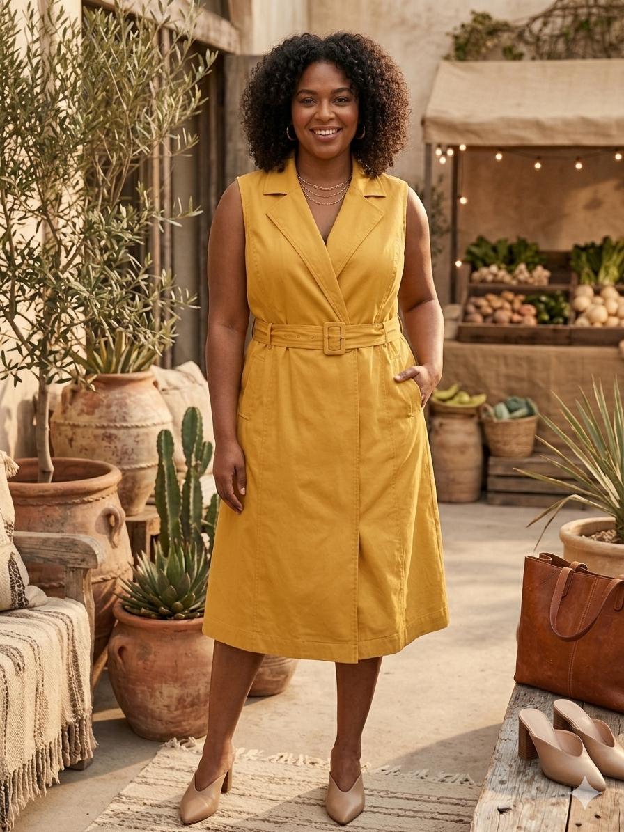 Mediterranean style Mustard Yellow Belted Sleeveless Trench Dress 2X 2