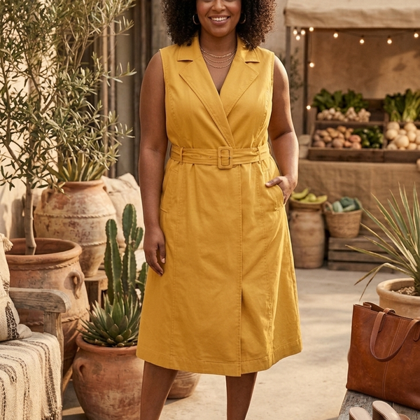 Mediterranean style Mustard Yellow Belted Sleeveless Trench Dress 2X
