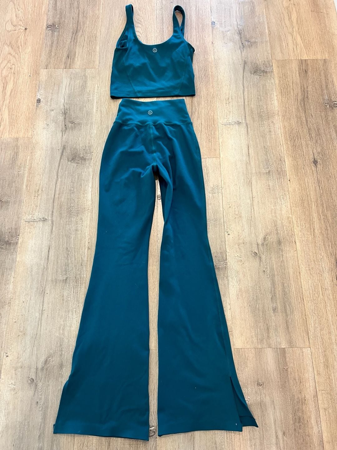 Gilly Hicks Active Recharge Two-Piece Set Teal Crop Tank Top and Flare Leggings 3
