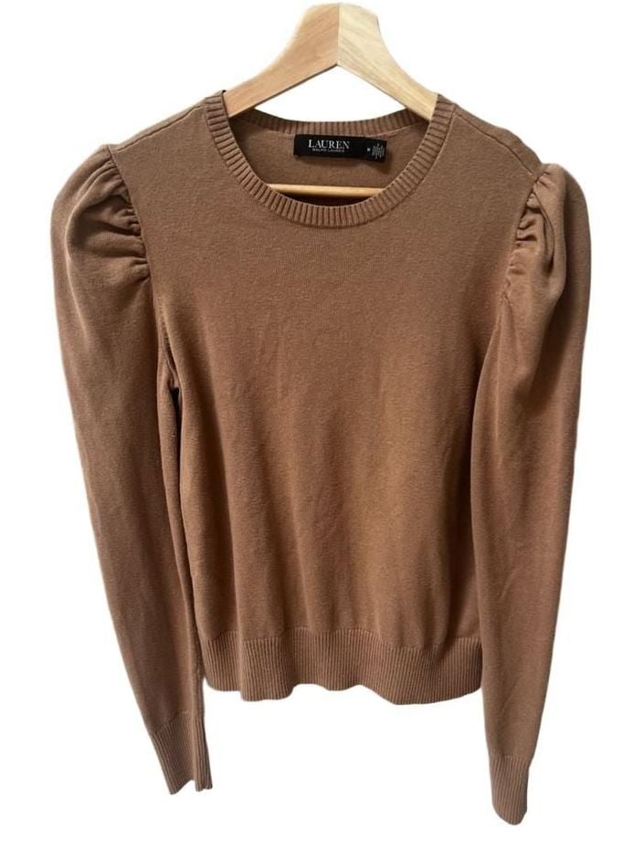 LAUREN Ralph Lauren Tan Puff Sleeve Crew Neck Sweater 3