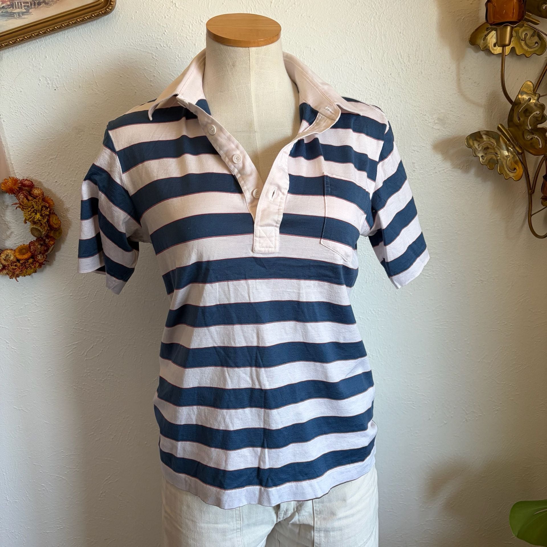 70s Vintage Blue and White Striped Polo Shirt with Pocket 2