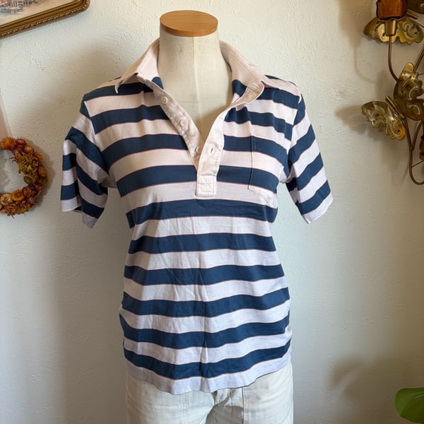 70s Vintage Blue and White Striped Polo Shirt with Pocket