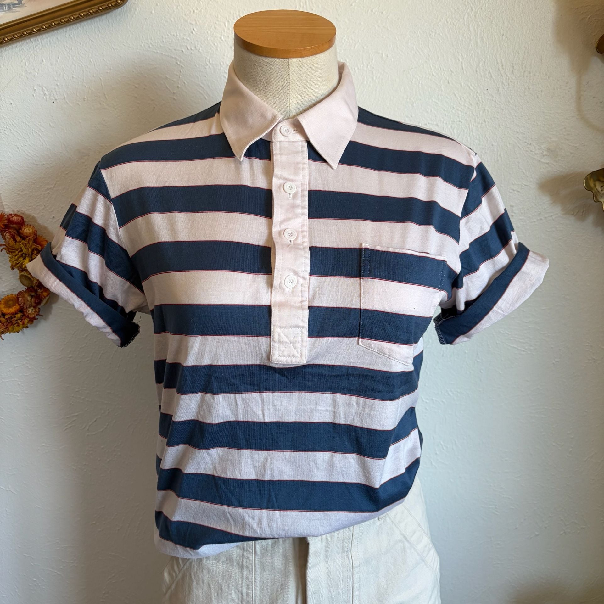 70s Vintage Blue and White Striped Polo Shirt with Pocket 3