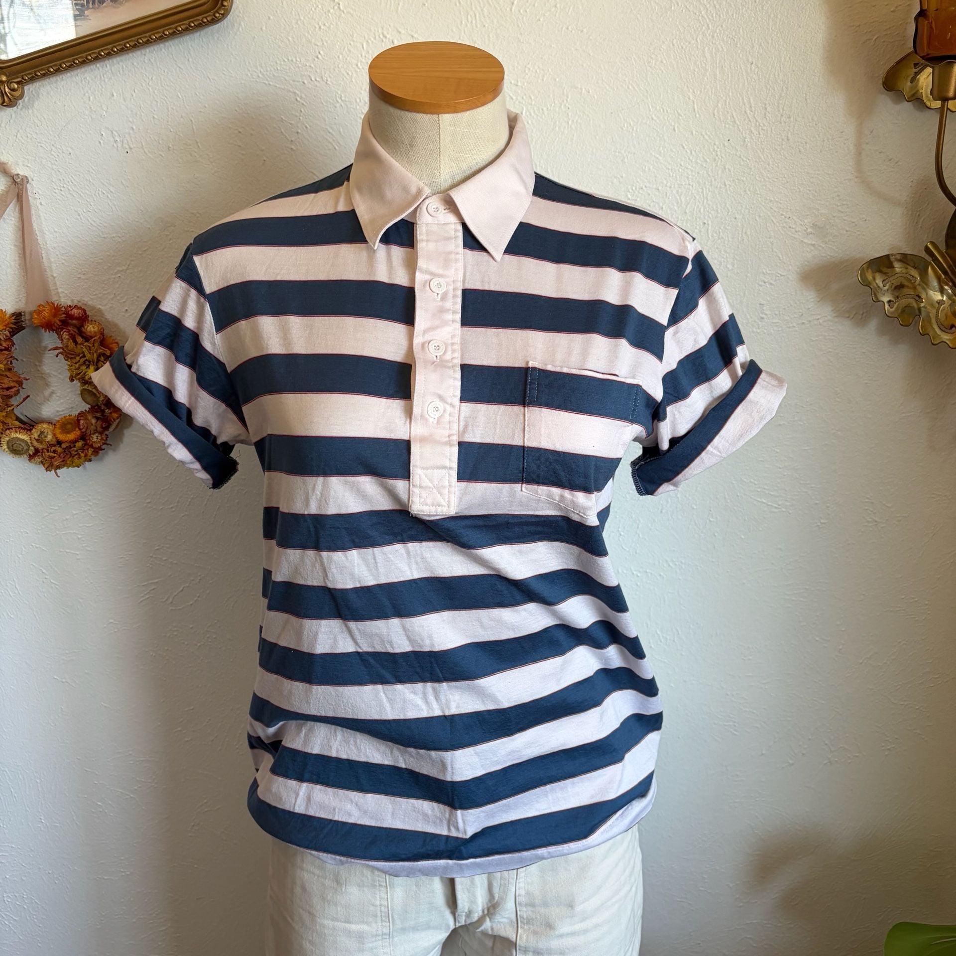 70s Vintage Blue and White Striped Polo Shirt with Pocket 4
