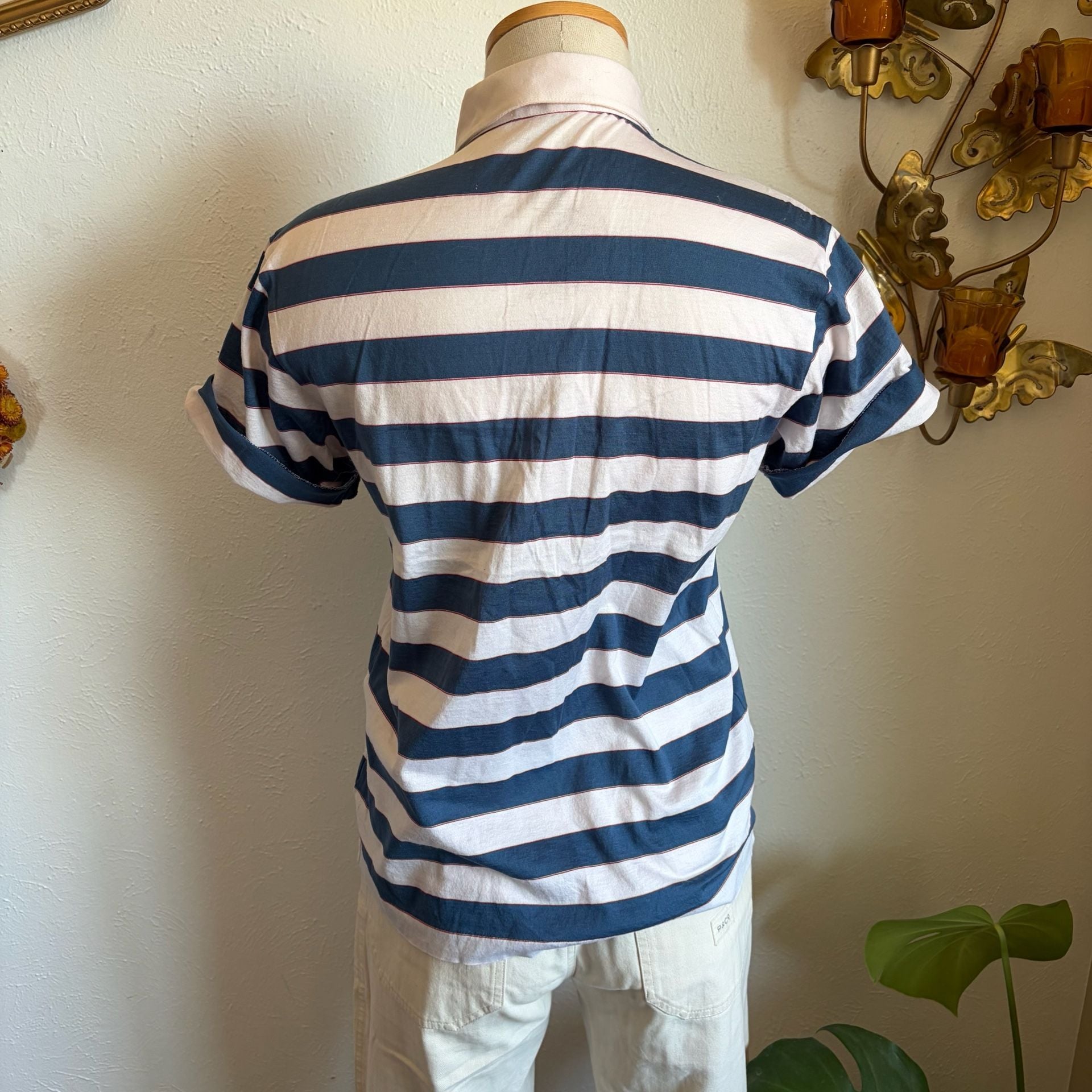 70s Vintage Blue and White Striped Polo Shirt with Pocket 5