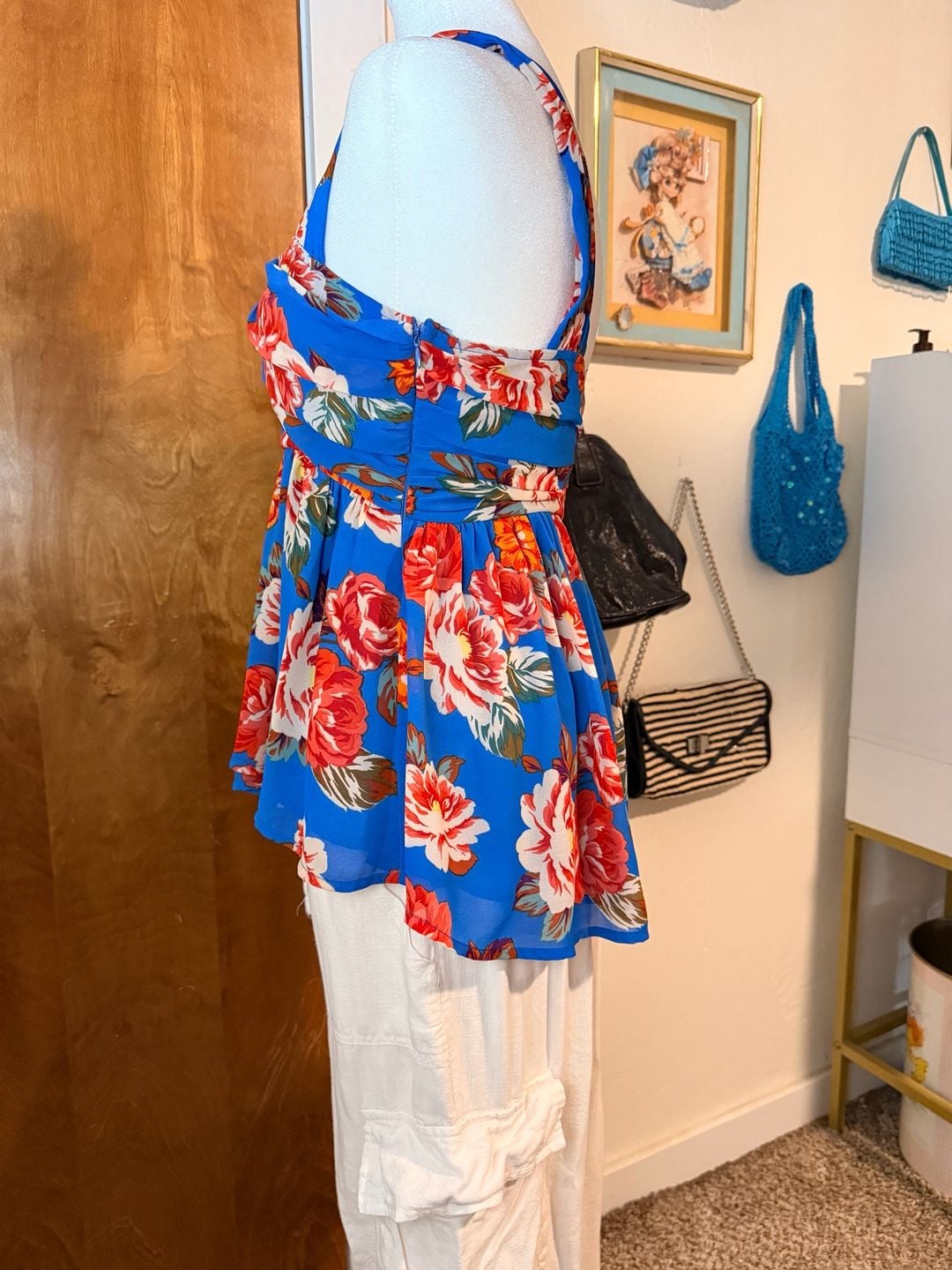 ASTR The Label Blue Floral One Shoulder Peplum Top S 7