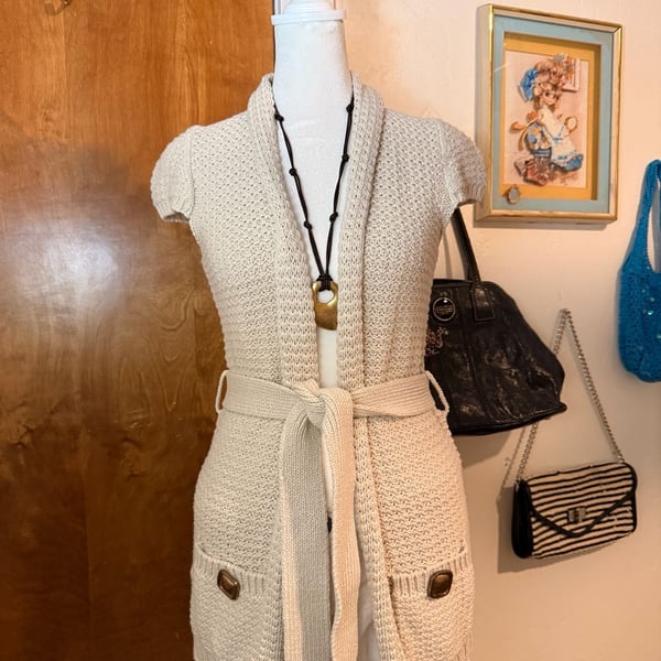 Vintage 2000s American Rag Cie Cream Belted Knit Cardigan Vest S