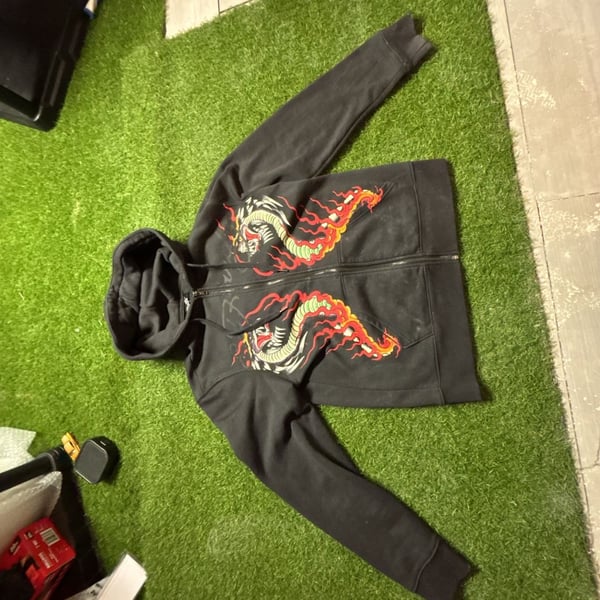 Ed Hardy Dragon Flame Black Zip Up Hoodie Size Small