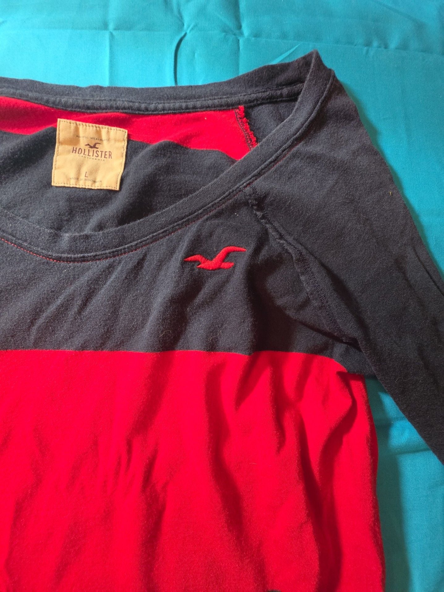 Hollister Red and Navy Blue Striped Long Sleeve Scoop Neck Top Size L 4