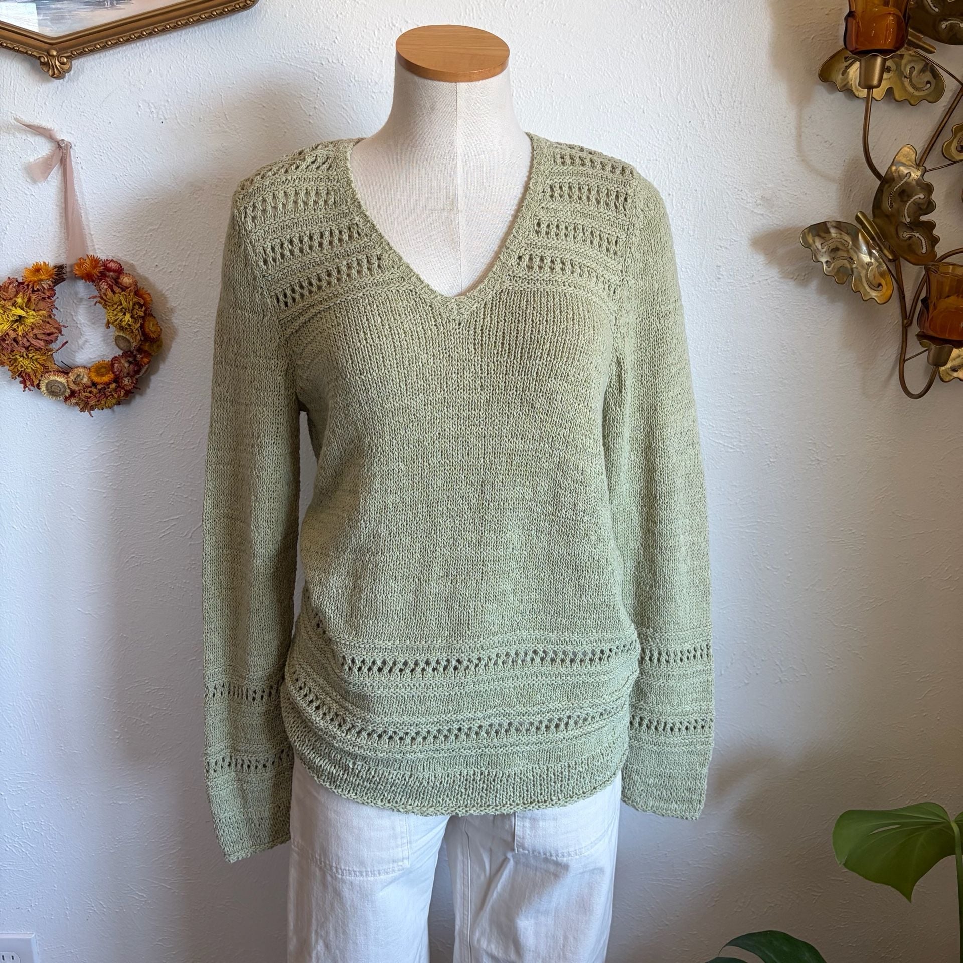 NWT V-Neck Openwork Knit Long Sleeve Sweater M 2