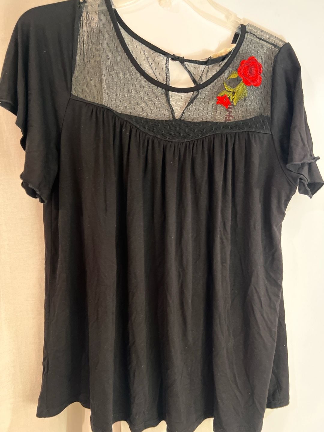 Pebble and Stone Black Sheer Mesh Yoke Floral Embroidered Short Sleeve Flowy Top 2
