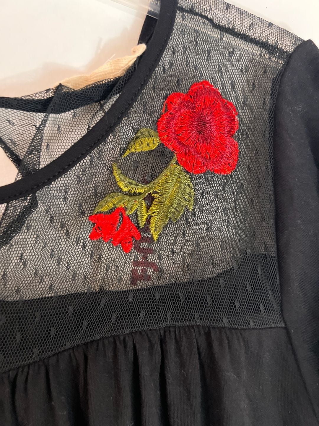 Pebble and Stone Black Sheer Mesh Yoke Floral Embroidered Short Sleeve Flowy Top 3