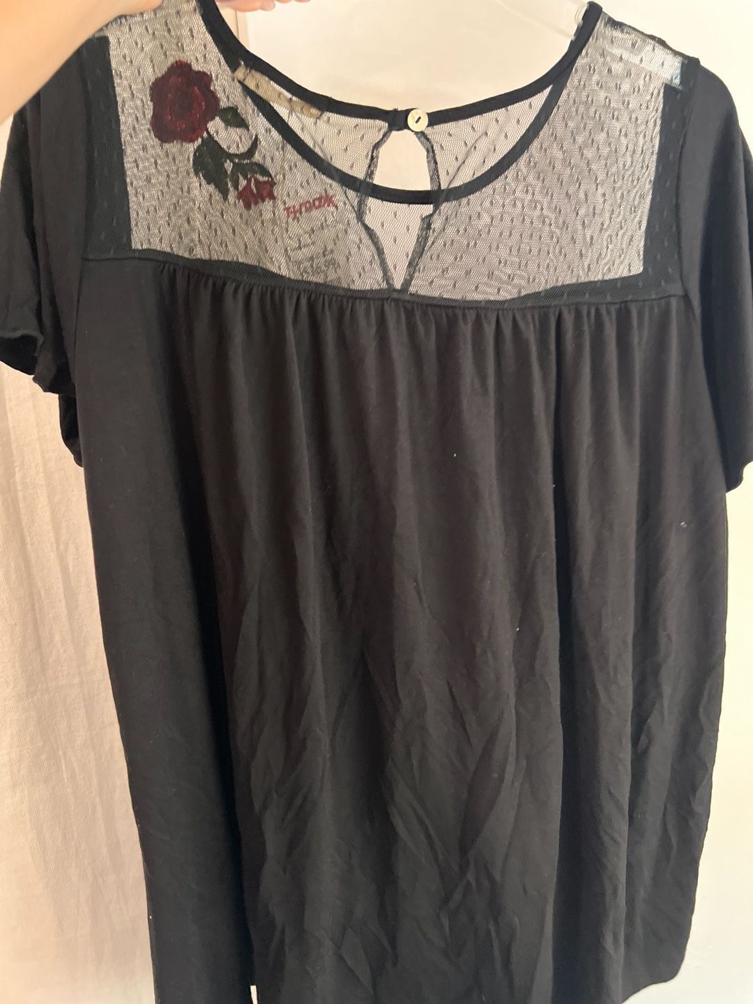 Pebble and Stone Black Sheer Mesh Yoke Floral Embroidered Short Sleeve Flowy Top 5