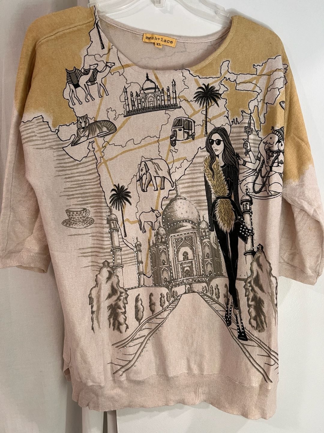 Mesh + Lace Women's India Map Taj Mahal Embellished Knit Sweater XL 2