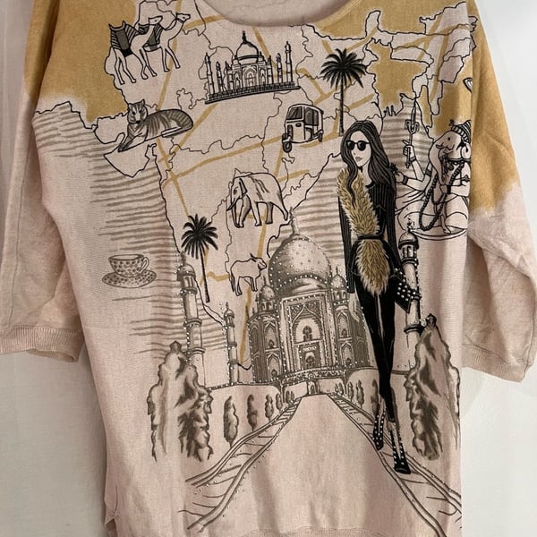 Mesh + Lace Women's India Map Taj Mahal Embellished Knit Sweater XL