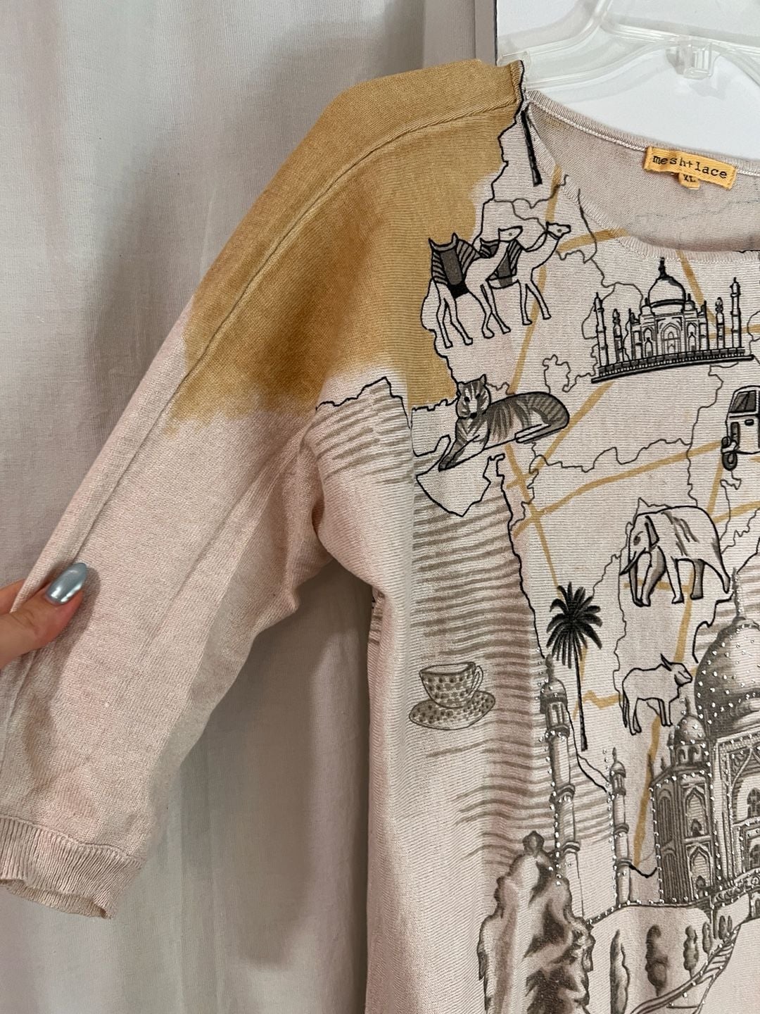 Mesh + Lace Women's India Map Taj Mahal Embellished Knit Sweater XL 3