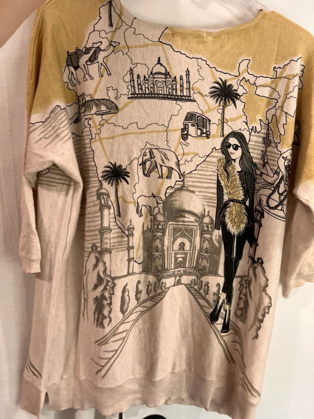 Mesh + Lace Women's India Map Taj Mahal Embellished Knit Sweater XL 6