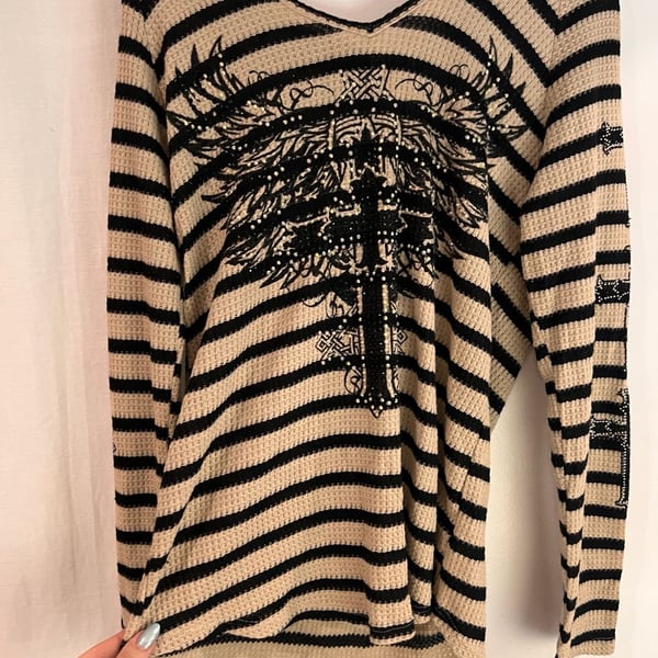 Vocal Black and Beige Striped Thermal Rhinestone Cross Wing Long Sleeve Top