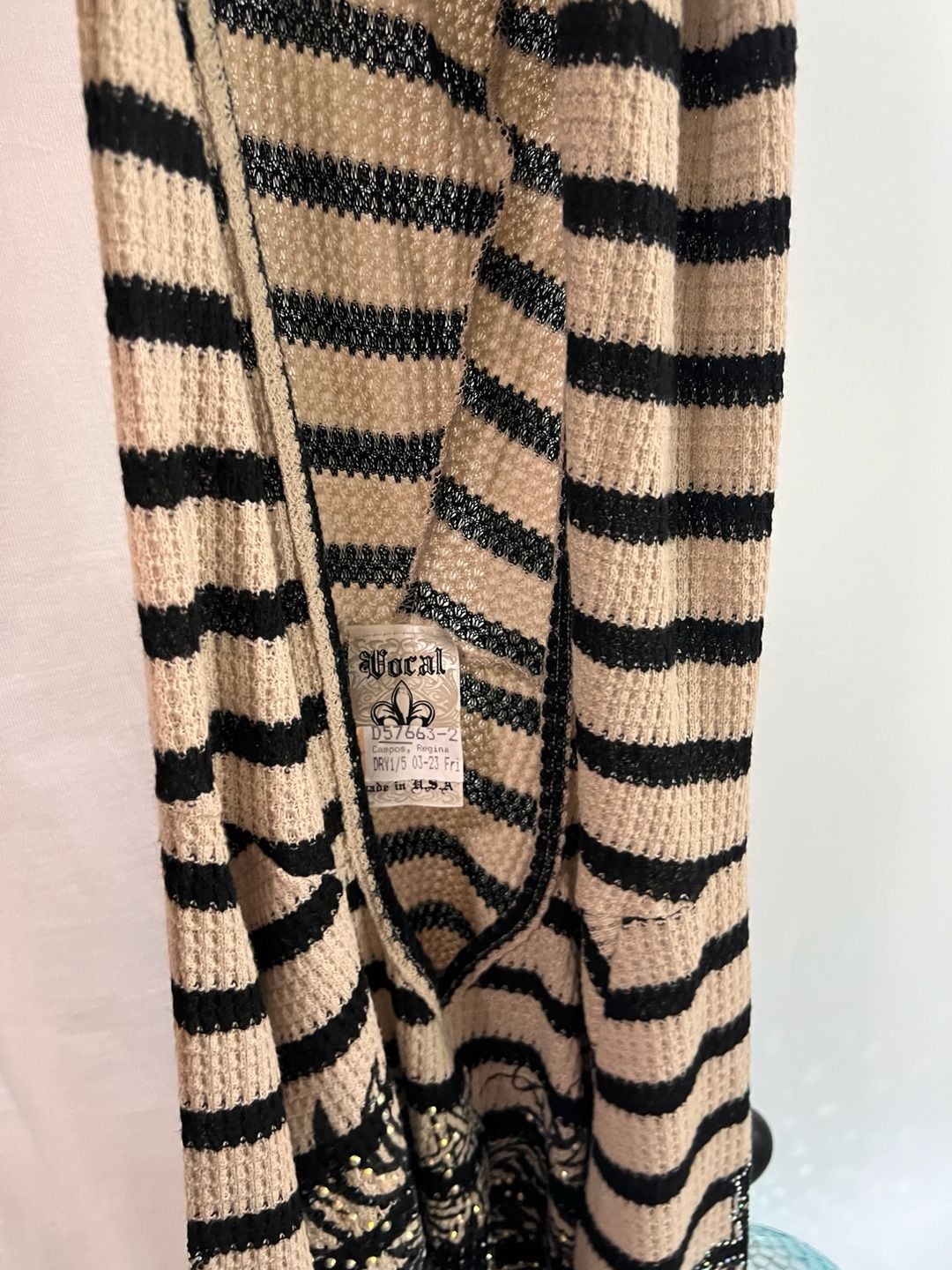 Vocal Black and Beige Striped Thermal Rhinestone Cross Wing Long Sleeve Top 7