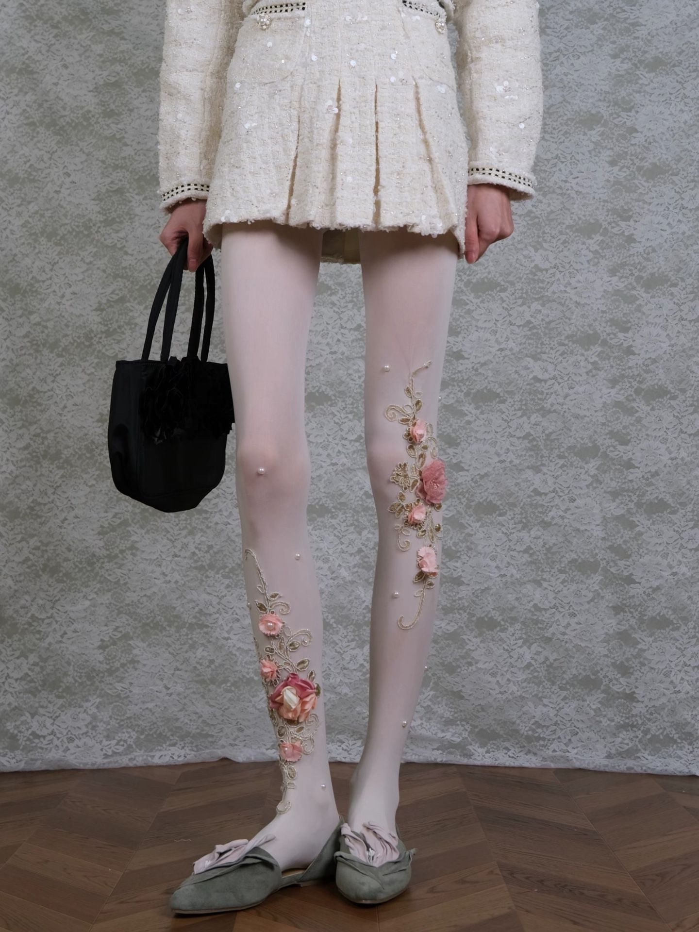 Handmade Floral Design Bead Details Embroidered Tights Cottage Coquette lolita 2