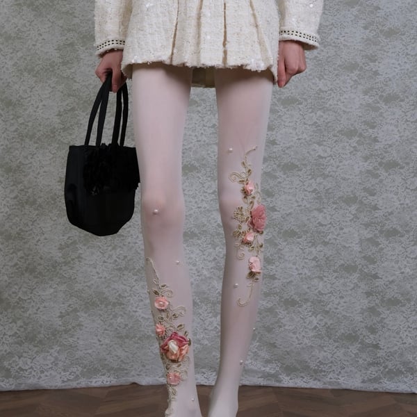 Handmade Floral Design Bead Details Embroidered Tights Cottage Coquette lolita