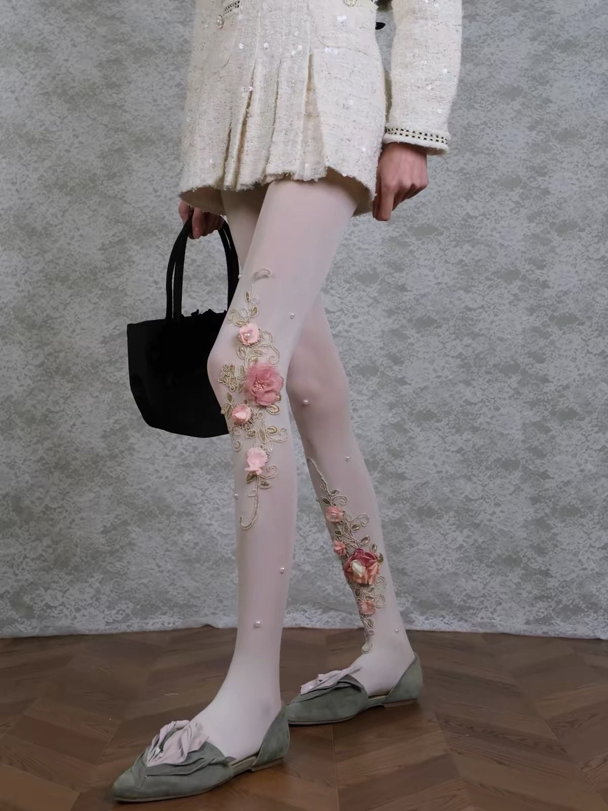 Handmade Floral Design Bead Details Embroidered Tights Cottage Coquette lolita 3