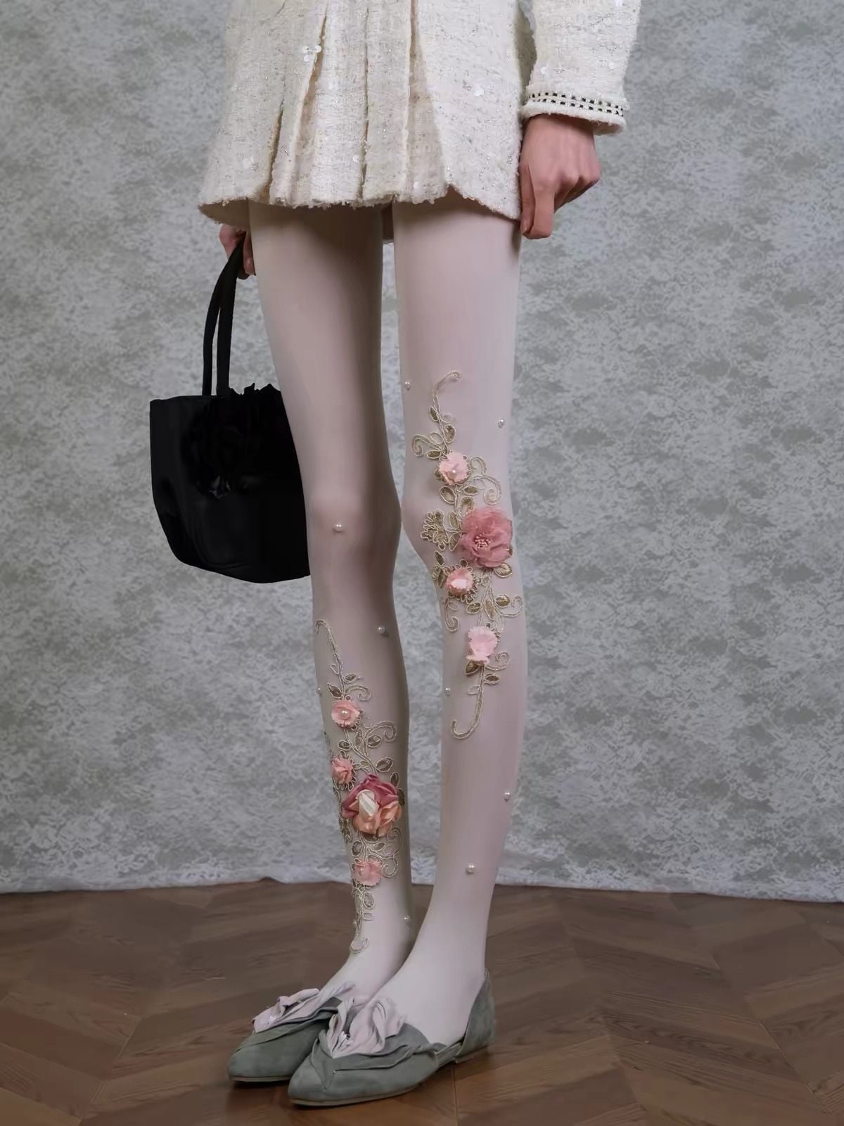 Handmade Floral Design Bead Details Embroidered Tights Cottage Coquette lolita 4