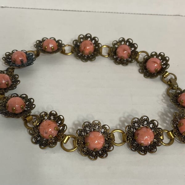 Vintage Brass Filigree Pink Art Glass Flower Link Necklace (choker style)