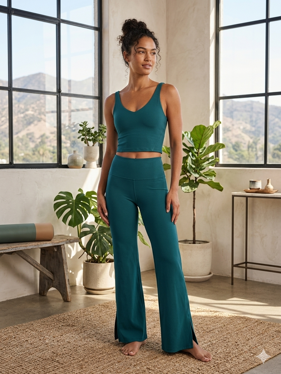 Gilly Hicks Active Recharge Two-Piece Set Teal Crop Tank Top and Flare Leggings 1